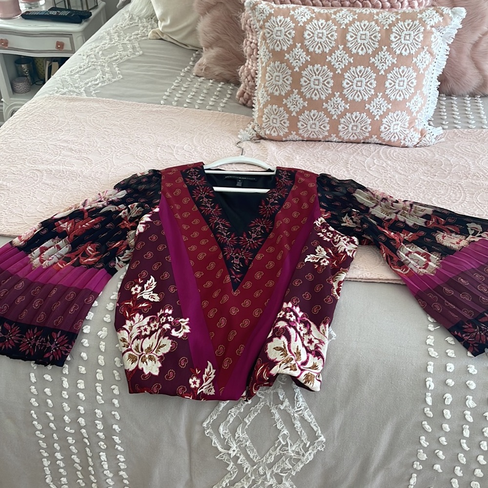 White House Black Market burgundy/black printed top